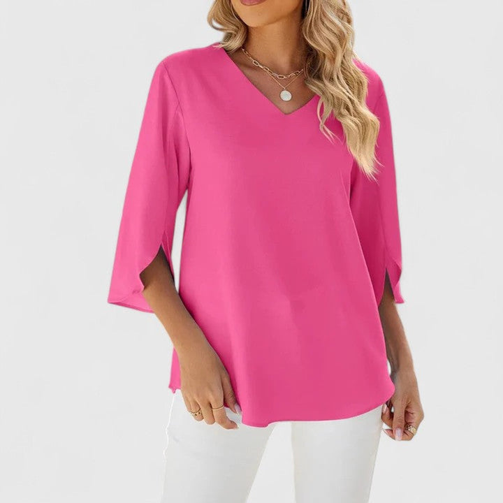 Amelia | Women's Ruffle V-Neck Three-Quarter Sleeve Chiffon Blouse
