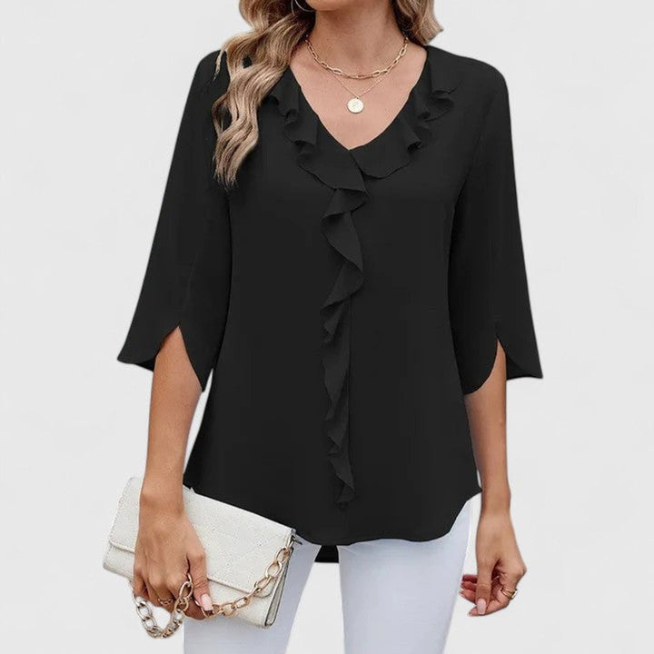 Amelia | Women's Ruffle V-Neck Three-Quarter Sleeve Chiffon Blouse