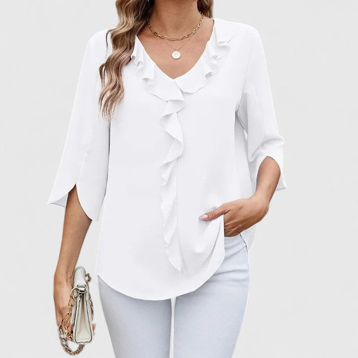 Amelia | Women's Ruffle V-Neck Three-Quarter Sleeve Chiffon Blouse