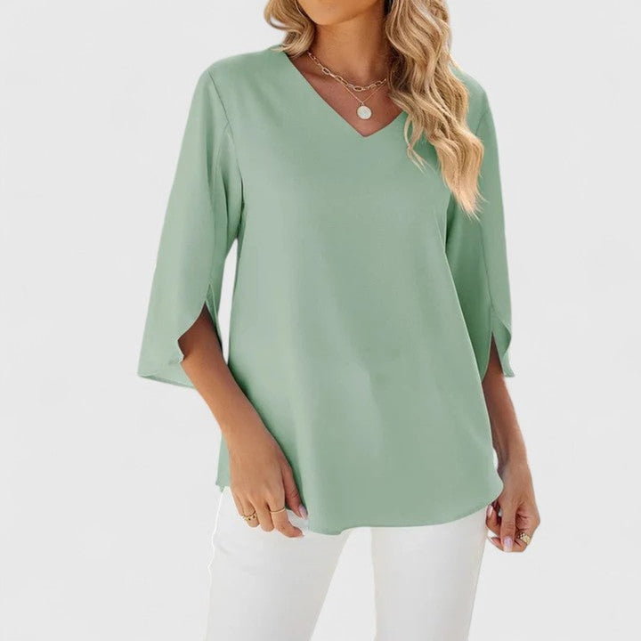 Amelia | Women's Ruffle V-Neck Three-Quarter Sleeve Chiffon Blouse