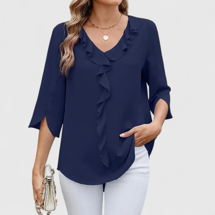 Amelia | Women's Ruffle V-Neck Three-Quarter Sleeve Chiffon Blouse
