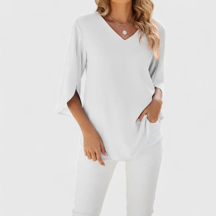 Amelia | Women's Ruffle V-Neck Three-Quarter Sleeve Chiffon Blouse