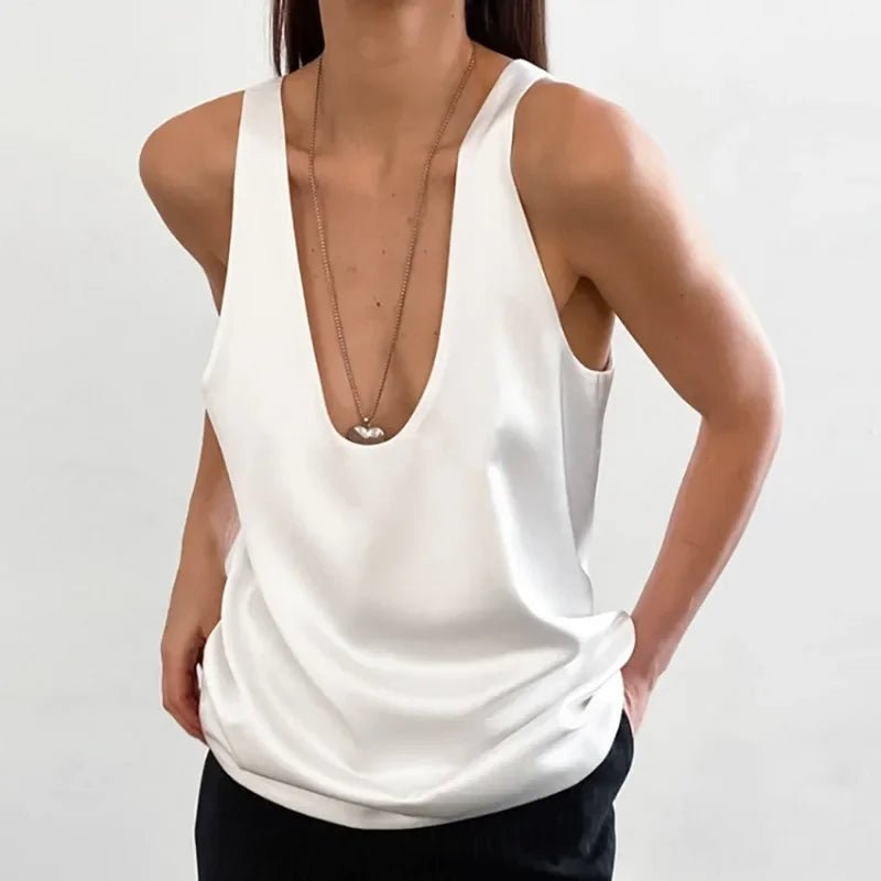 Ava | Women's Satin Sleeveless Plunging U-Neck Relaxed Tank Top