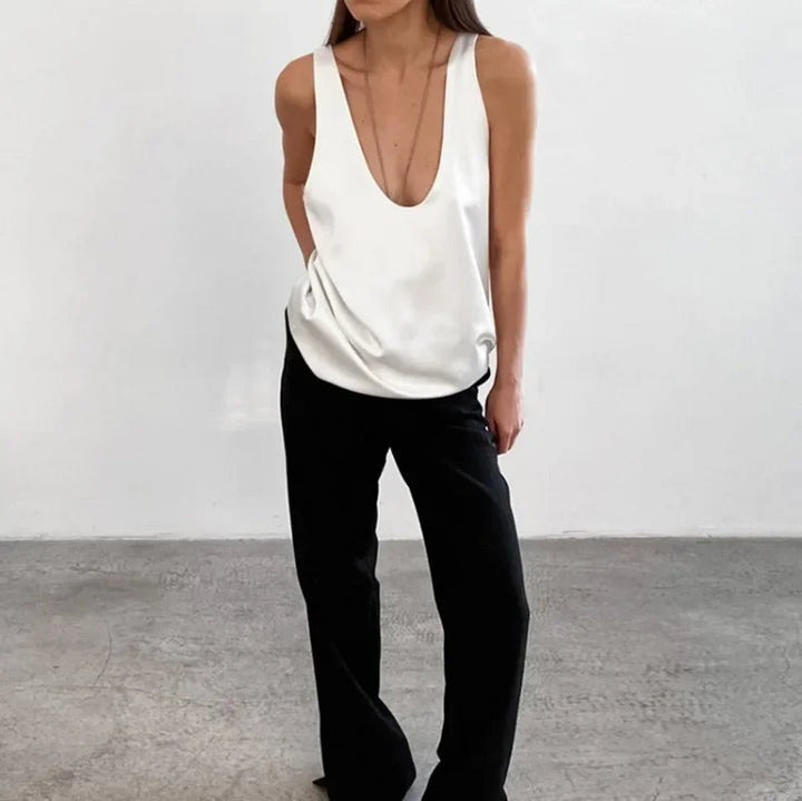 Ava | Women's Satin Sleeveless Plunging U-Neck Relaxed Tank Top