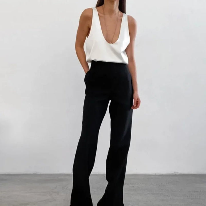 Ava | Women's Satin Sleeveless Plunging U-Neck Relaxed Tank Top