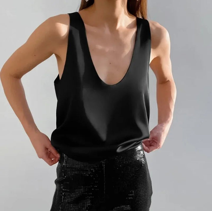Ava | Women's Satin Sleeveless Plunging U-Neck Relaxed Tank Top