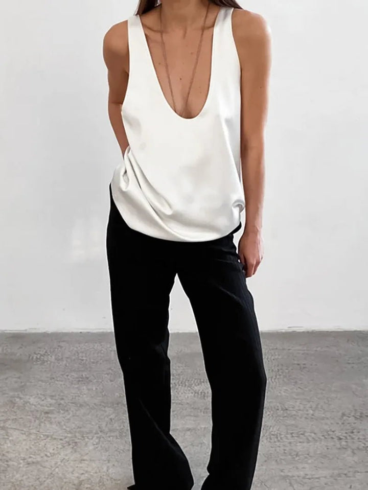 Ava | Women's Satin Sleeveless Plunging U-Neck Relaxed Tank Top
