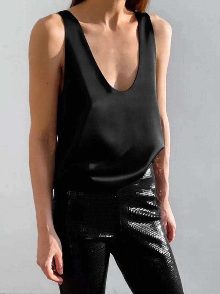 Ava | Women's Satin Sleeveless Plunging U-Neck Relaxed Tank Top