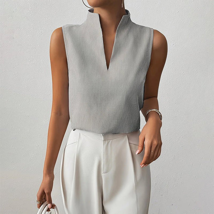 Phoebe | Women's Sleeveless Striped Stand-Collar V-Neck Blouse