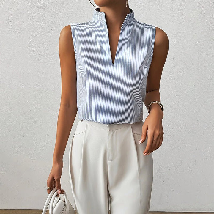 Phoebe | Women's Sleeveless Striped Stand-Collar V-Neck Blouse