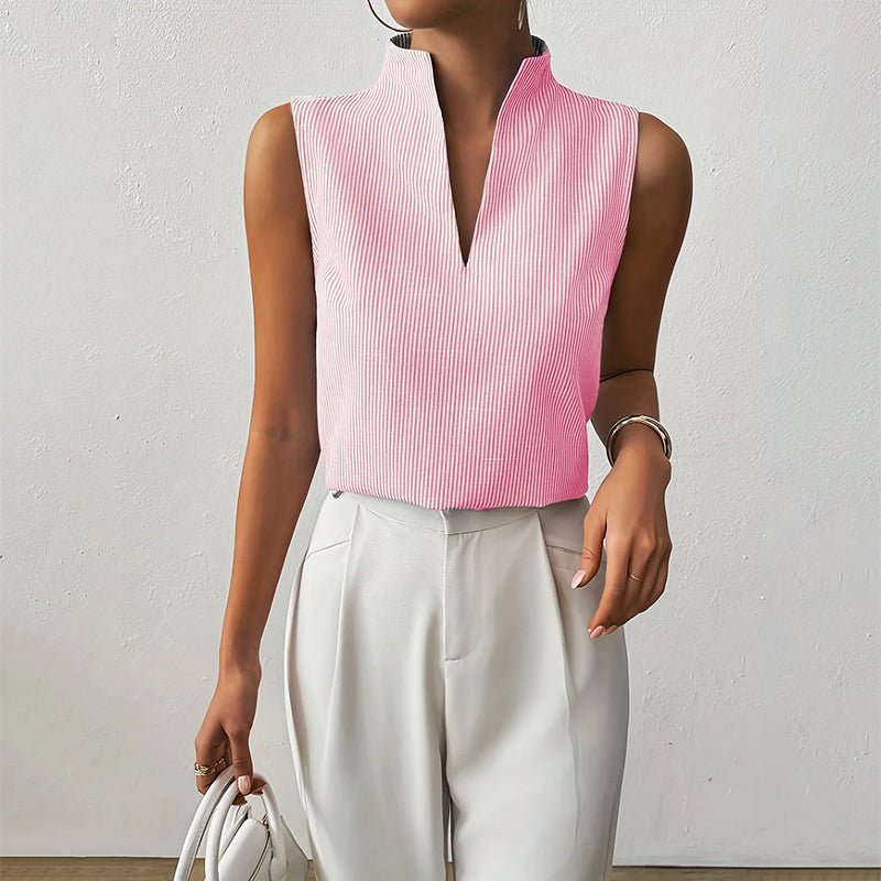 Phoebe | Women's Sleeveless Striped Stand-Collar V-Neck Blouse