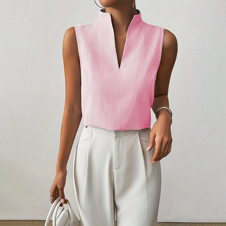 Phoebe | Women's Sleeveless Striped Stand-Collar V-Neck Blouse