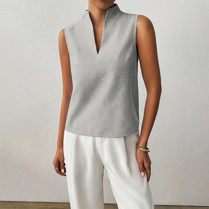 Phoebe | Women's Sleeveless Striped Stand-Collar V-Neck Blouse