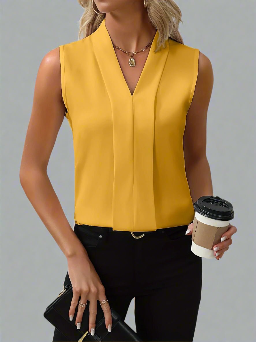 Evelyn | Women's Sleeveless V-Neck Blouse Stand Collar Pleated