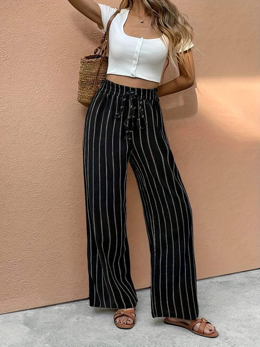 Isla | Women's Striped High-Waist Drawstring Wide Leg Pants Linen Trousers