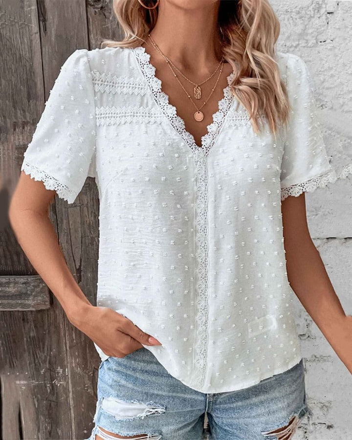 Olivia | Women's Swiss Dot Lace Trim V-Neck Boho Short Sleeve Blouse