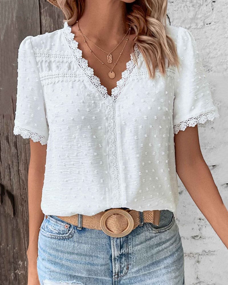 Olivia | Women's Swiss Dot Lace Trim V-Neck Boho Short Sleeve Blouse