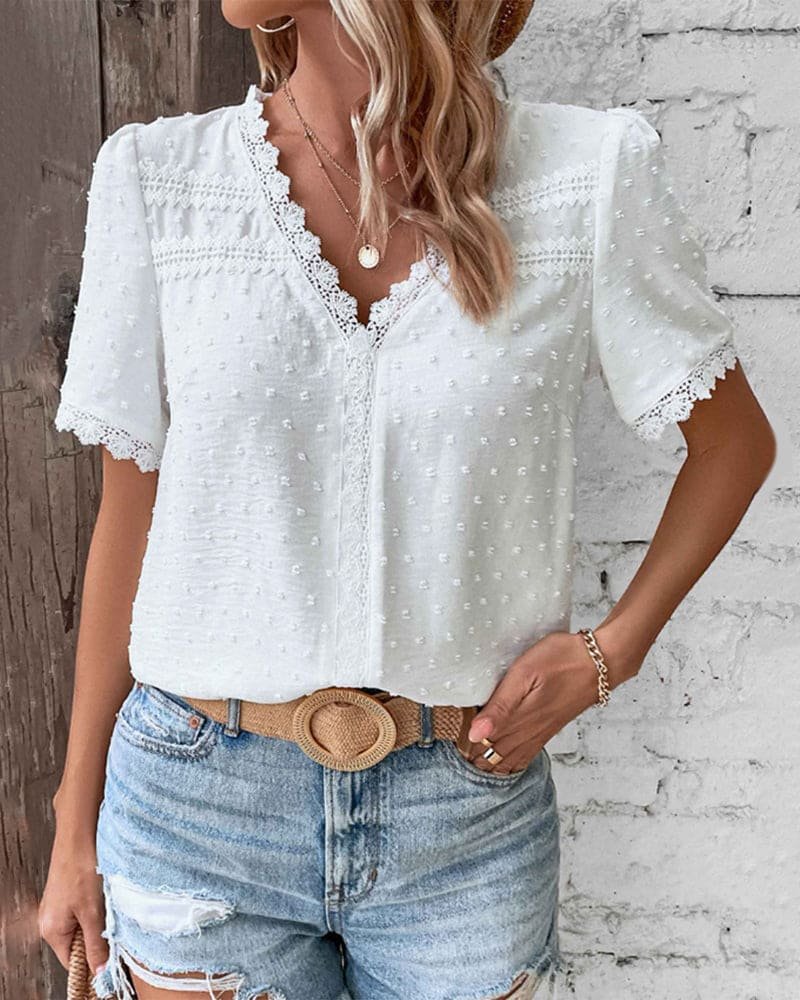Olivia | Women's Swiss Dot Lace Trim V-Neck Boho Short Sleeve Blouse