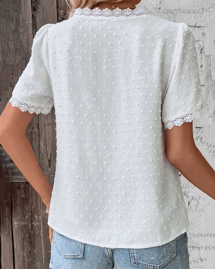 Olivia | Women's Swiss Dot Lace Trim V-Neck Boho Short Sleeve Blouse