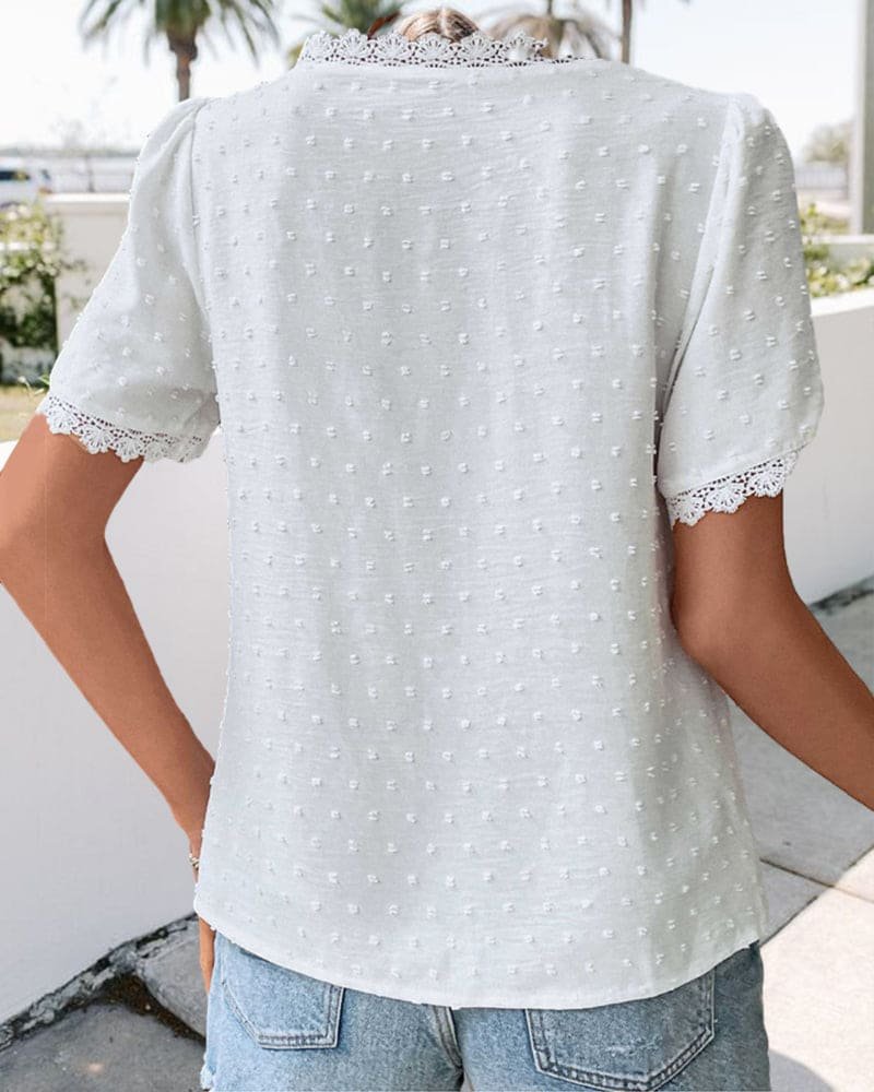 Olivia | Women's Swiss Dot Lace Trim V-Neck Boho Short Sleeve Blouse