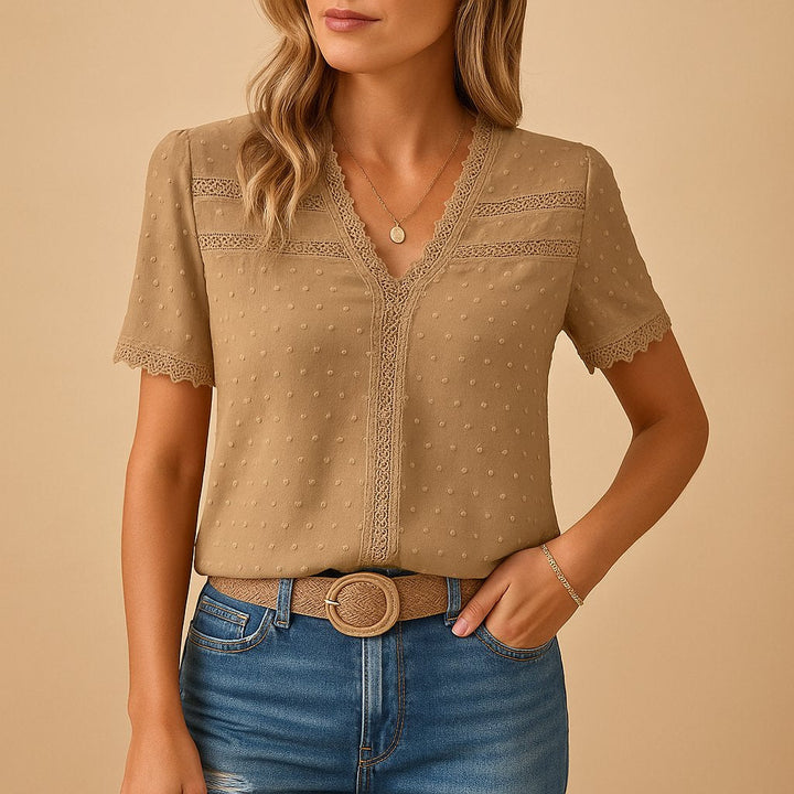Florence | Women's Textured Lace-Trim V-Neck Short-Sleeve Blouse