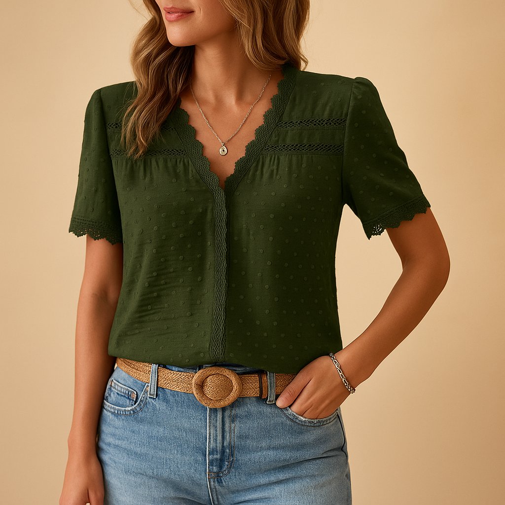 Florence | Women's Textured Lace-Trim V-Neck Short-Sleeve Blouse